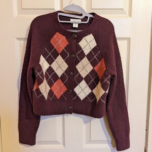 Sincerely Jules Burgundy Argyle Crop Cardigan
